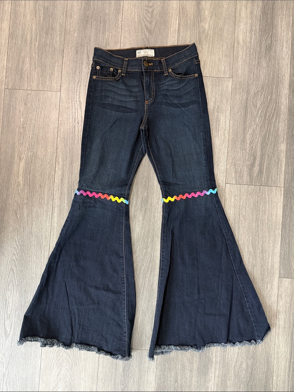 Free People Dark Wash Flare Jeans with Rainbow Ric-Rac Size 28